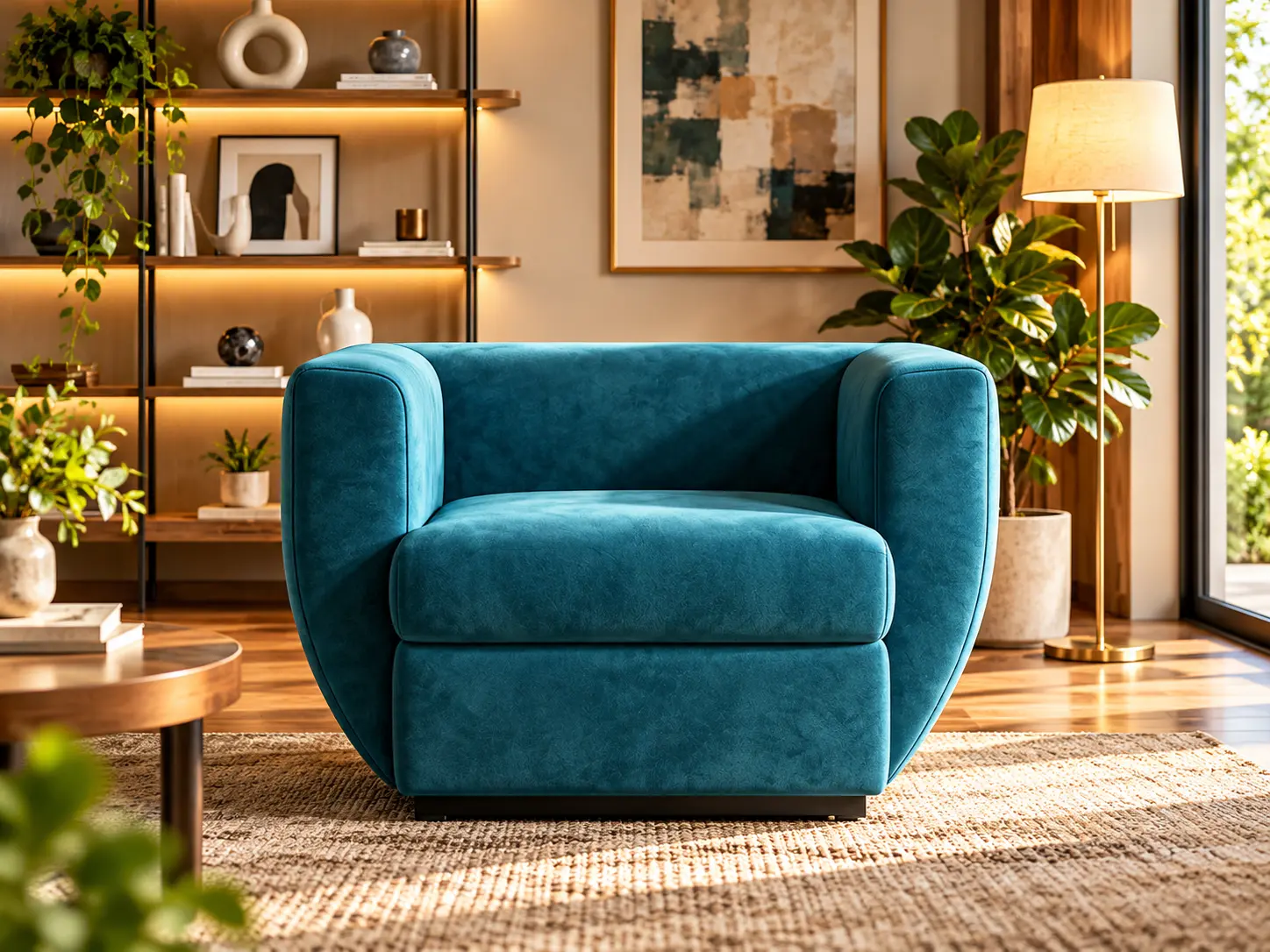 Luxurious Teal Armchair in Warm Modern Interior