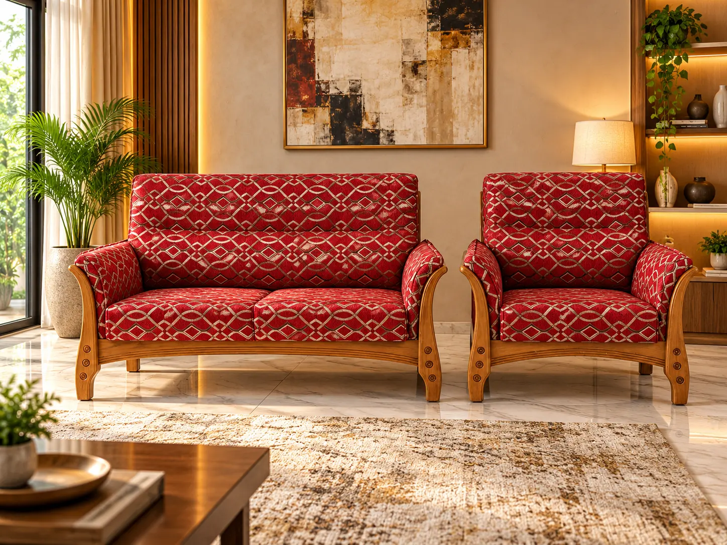 Warm Modern Living Room with Red Patterned Seating